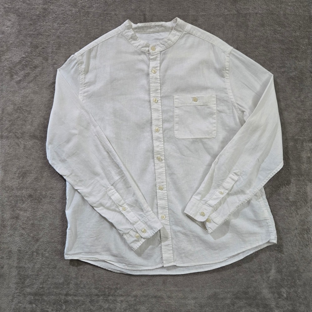 Goodfellow Linen Cotton Shirt Mens Popover XL White Banded Collar Coastal Preppy